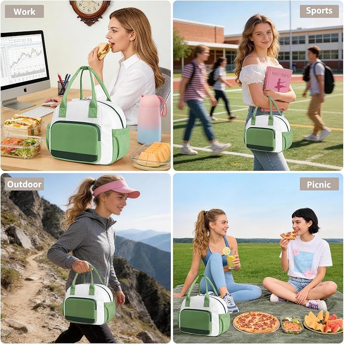 Stylish Color-blocked Lunch Bag for Women, Leakproof Lunch Box for Adult Girls, Large Capacity Reusable Lunch Box for Work Picnic Travel (Green with Off White)