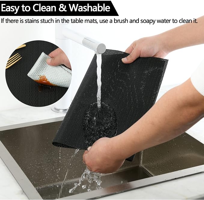 SLKQG Black Placemats Set of 6 - Easy Clean Washable Vinyl Placemats - Wipeable Heat Proof Table Mats for Dining Table - 17x12 Inch (Pure Black, 6)