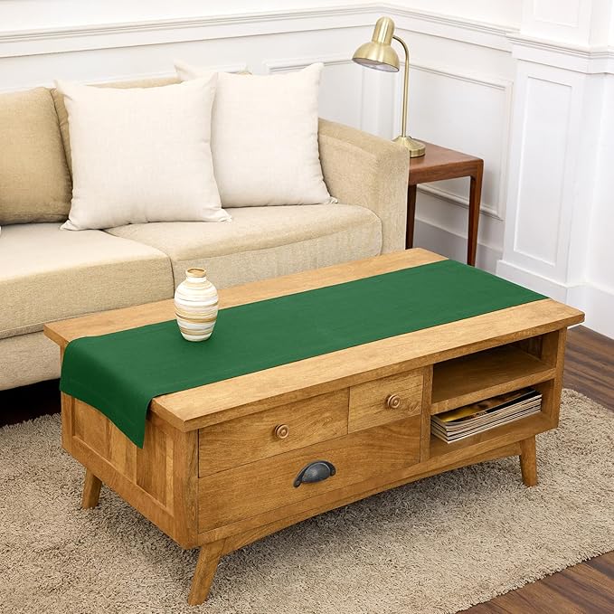 Solino Home Linen Table Runner 60 Inches - 100% Pure Linen Pine Green Table Runner 14 x 60 Inch Ideal for Dresser and Coffee Tables - Fete