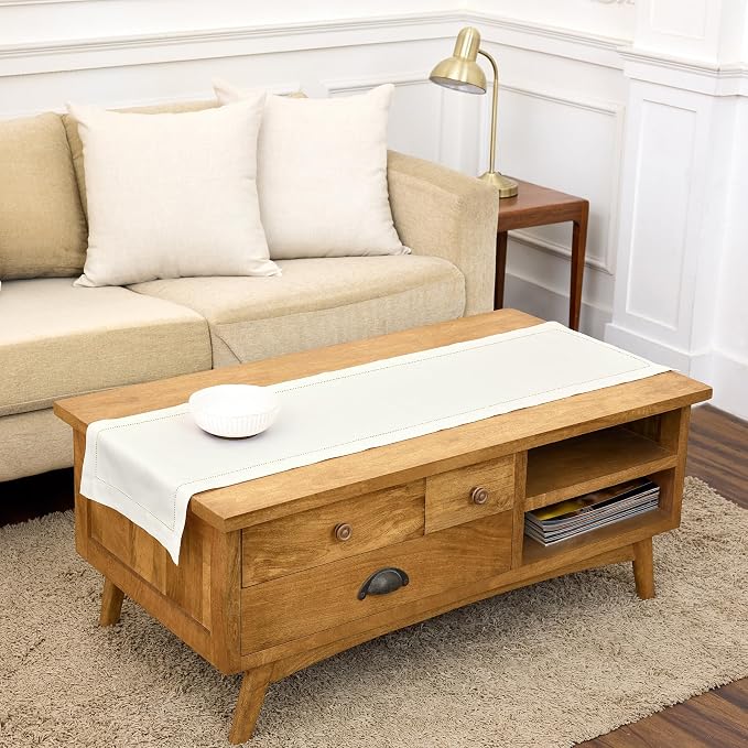 Solino Home Linen Ivory Table Runner 48 Inches - Classic Hemstitch, 100% Pure Linen Coffee Table Runner 14 x 48 Inch Ideal for Dresser Tables - Summer