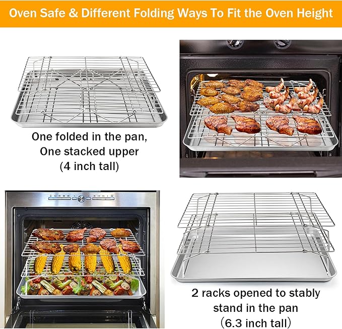 TeamFar Cooling Rack, 4-Tier Stainless Steel Wire Rack for Baking Roasting, Healthy & Heavy Duty, Dishwasher Safe, Stackable & Collapsible, Firmly Weld & Smooth Surface, 15”x10”