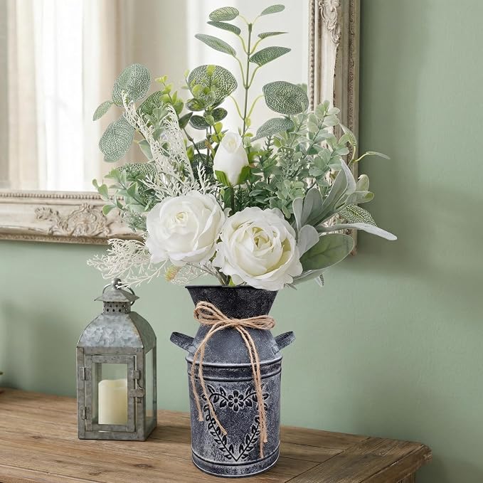Faux Flowers in Vase 17.5" H Artificial Silk Roses Flower Fake Plants Eucalyptus Arrangement in Metal Vase Faux Silk Floral for Dining Table Centerpieces Home Office Decoration (White/Black Vase)