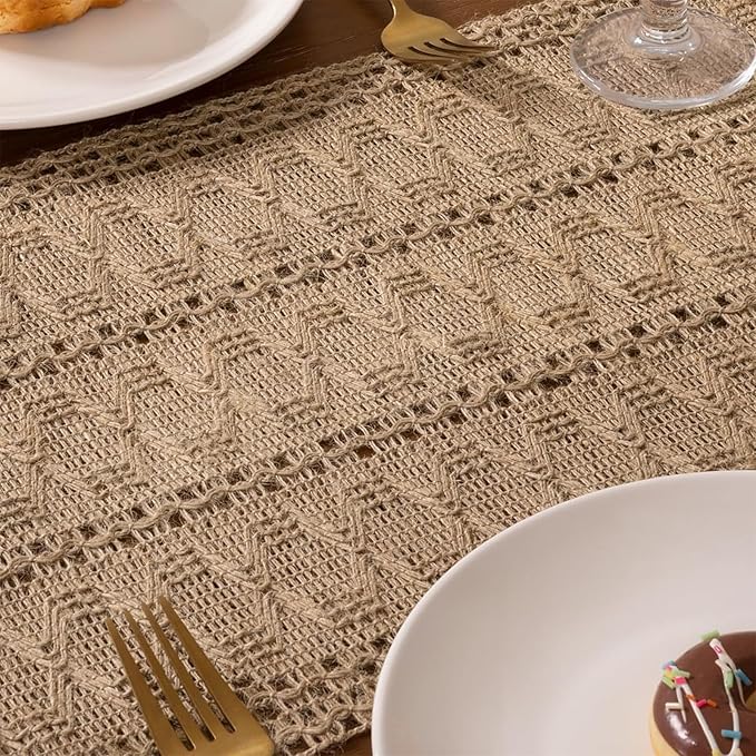 Niviy Burlap Boho Table Runner for Boho Chic Home Decor 48 Inches Long, Modern Farmhouse Decor Rustic Short Macrame Woven Coffee Table Runners for Summer Dining Table Decoration, Burlap Brown