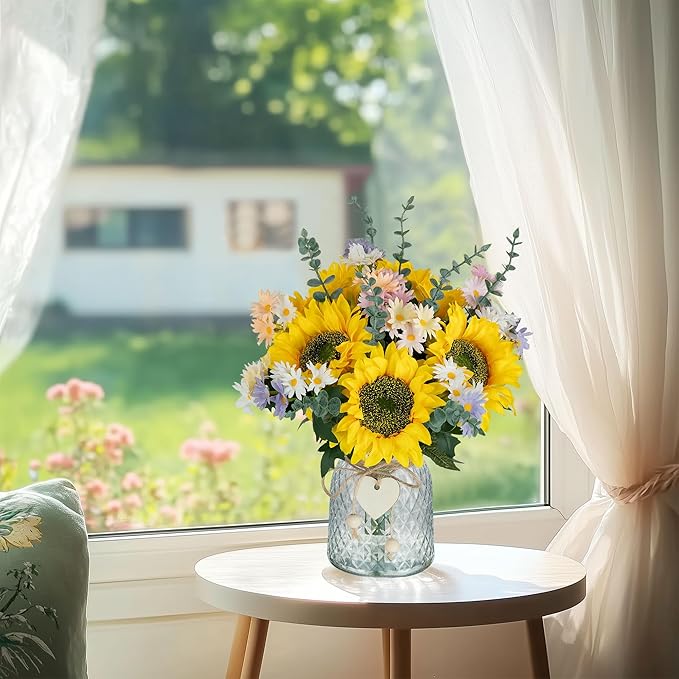 BLOSMON Sunflower Fake Flowers in Vase: Sunflowers Artificial Flowers with Vase for Table Centerpieces Decor - Silk Flower Bouquet Faux Arrangements Kitchen Bathroom Wedding Party Decoration