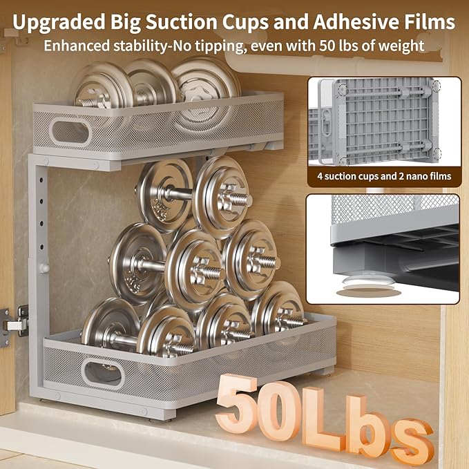Under Sink Organizer 1 Pack, 2-Tier Slide Out Cabinet Organizer with Metal Sliding Drawer and Hooks, Pull Out Storage Baskets for Kitchen Bathroom Pantry Cabinet Organization (Gray (1 pack))
