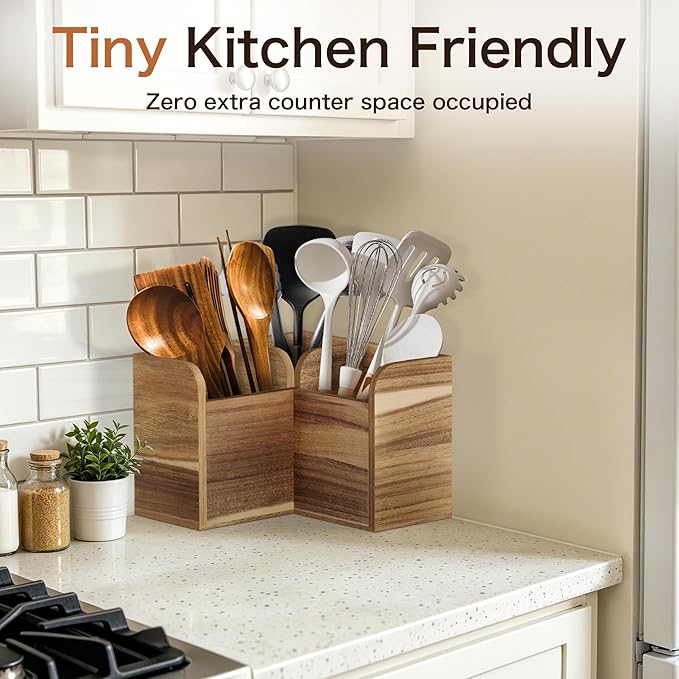 Acacia Wood Kitchen Utensil Holders for Countertop, Wooden Corner Utensils Holder with 3 Compartment, Farmhouse Utensil Caddy for Storage Cooking and Silverware, Opened Up Counter Space