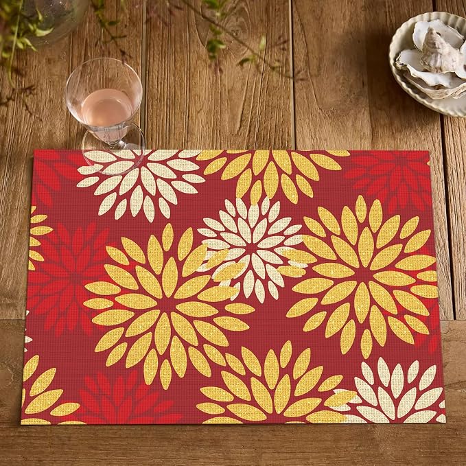 Artoid Mode Floral Vinyl Placemats Set of 4, 12x18 Inch New Year Washable Non-Slip Plastic Vinyl Place Mats for Party Kitchen Dining Decor, Red