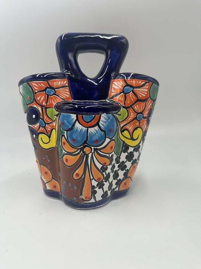 Generic Mexican Artisans Talavera Multicolor Ceramic Utensil Holder with 4 Compartments - Unique and Authentic Mexican Artwork, Colorful Kitchen Utensil Storage Pottery