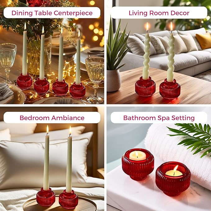 Kate Aspen Red Ribbed Taper Candle Holders for Candlesticks Set of 4 - Christmas Decor, Holiday Candle Holders, Red Candlesticks & Votive Candle Holder for Christmas Table Centerpieces
