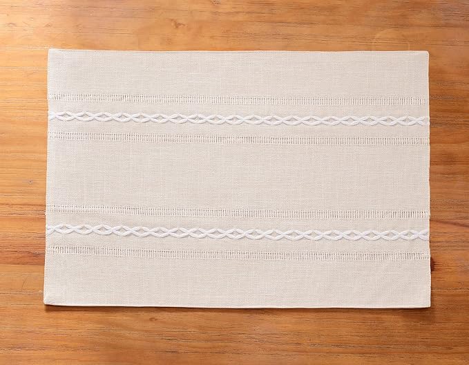 Wracra Cotton Linen Placemats, 12 x 18 Inch Set of 4 Fete Placemats Rustic Hemstitch Place Mats for Kitchen Table and Heat Resistant-Ivory