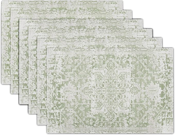 Gray Light Green Boho Placemats Set of 6 Ethnic Bohemian Carpet Place Mats Washable Kitchen Dining Vintage Grey Geography Floral Linen Table Mats Stain Heat-Resistant for Home Party Indoor 12x18 in