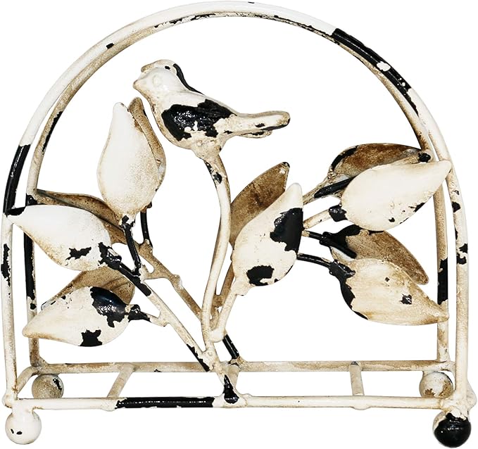 Cast Iron Bird & Tree Classic Napkin Holder/Tabletop Freestanding Tissue Dispenser, Rustic White