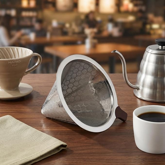 Upgrade Reusable Pour Over Coffee Filter for Chemex & Hario V60, Double Layer Fine Mesh Stainless Steel, Cone Coffee Filter 3.46inch height, 4-10 Cup Coffee Makers, Eco-Friendly Coffee Strainer