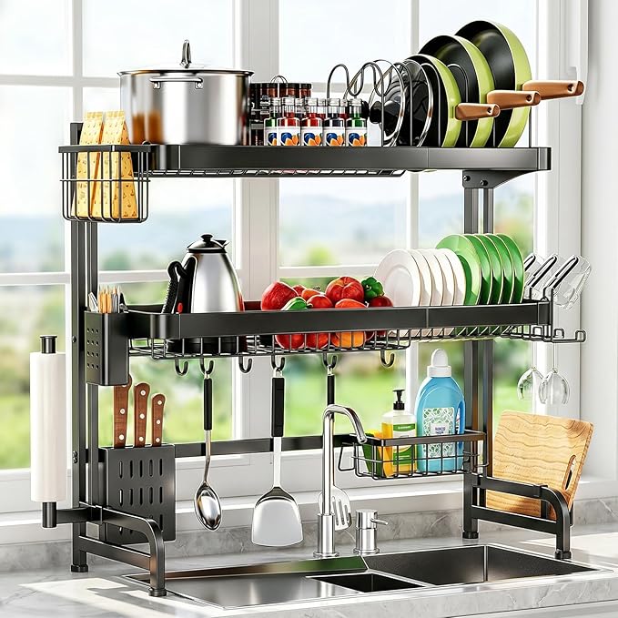 Over The Sink Dish Drying Rack, Adjustable 3 Tier Large Capacity Stainless Steel Drainer with Cutlery/Utensil/Cup Holder Hooks, Kitchen Storage & Organization, 25"-38" L x 11" W x 37.5" H, Black