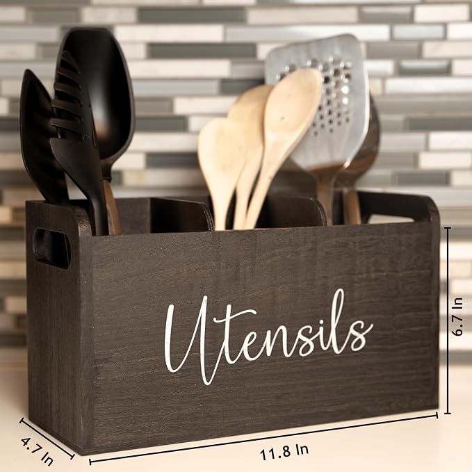 Black Kitchen Utensil Holder for Countertop – Large 3-Compartment Cooking Utensil Organizer & Caddy with Drain Holes, Modern Wood Utensil Holder for Kitchen Counter, Spatula & Spoon Storage