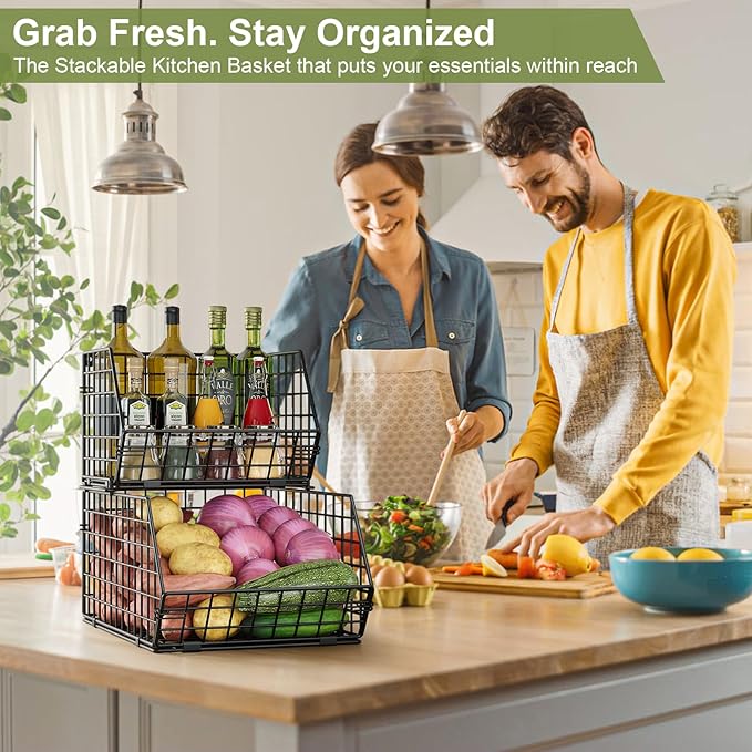 2-Tier Stackable Wire Baskets for Counter, Potato and Onion Storage Bin, Fruit and Vegetable Storage Bins with Ventilated Mesh，Kitchen Pantry Organizer - Wall Basket for Produce/Snack/Can, Black