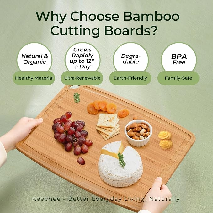 Keechee Dishwasher Safe Bamboo Cutting Boards 15.4x11.7in Heat-Resistant Chopping & Charcuterie Board with Juice Groove, Durable Lightweight Kitchen Essentials for Meat, Vegetables, Easy Clean