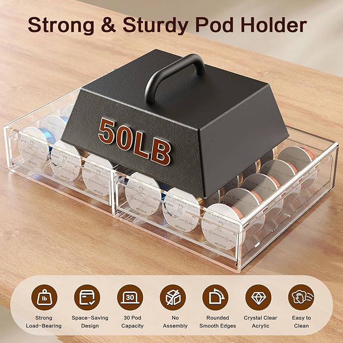 Compact Acrylic Coffee Pods Drawer Organizer Compatible with Nespresso Vertuo Pods, Easy to See Available Pods Options, Smooth Pull-Out, Holds 30 Capsules for Small Countertop
