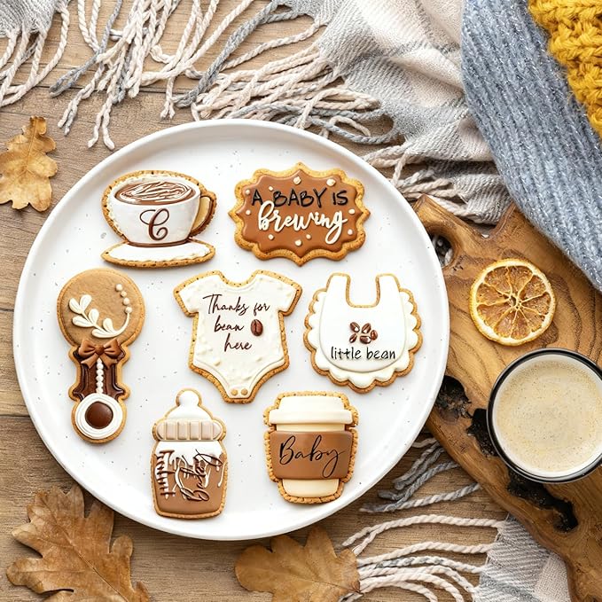 JarThenaAMCS 7Pcs Coffee Baby Shower Cookie Cutters Set Onesie, Bottle, Bib, Rattle Biscuit Cutter A Baby is Brewing Stainless Steel Cookie Cutters Molds for Gender Reveal Birthday Party Decorations