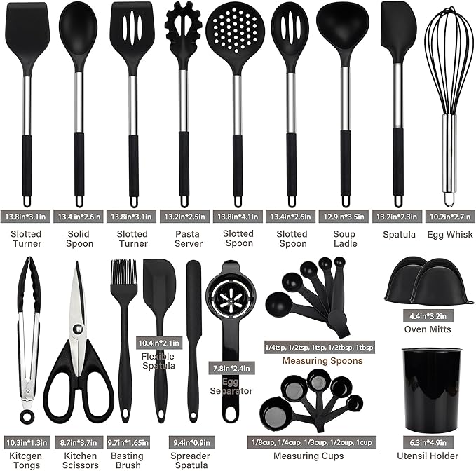QMVESS Silicone Cooking Utensils Set, 28 Pcs Non-Stick Kitchen Utensils Set with Holder, 446°F Heat Resistant Spatula, Tongs, Spoons Set with Stainless Steel Handle Kitchen Gadgets (Black)