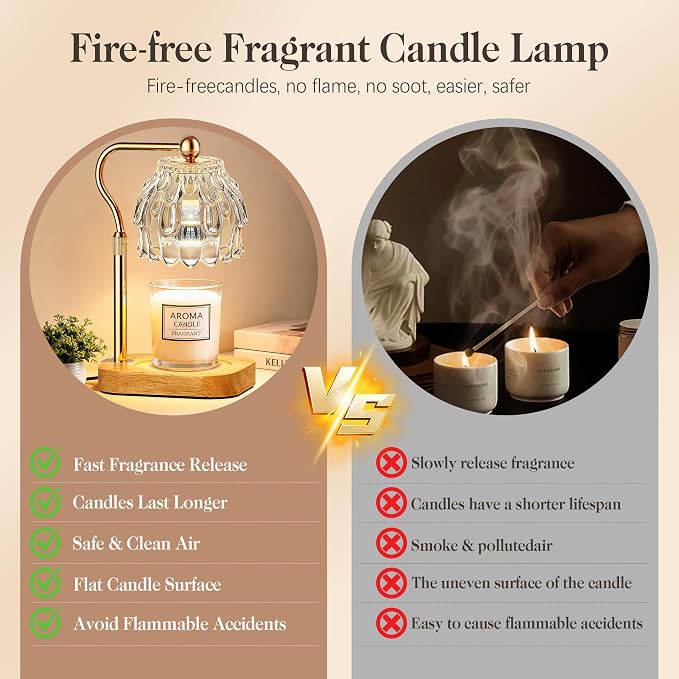 Candle Warmer Lamp with Timer Dimmer, Modern Wax Warmer for Scented Wax Jar Candle Warmer with 2 Bulbs, Adjustable Height Glass Lamp for Gifts for Women, Home Decor, Gold Clear