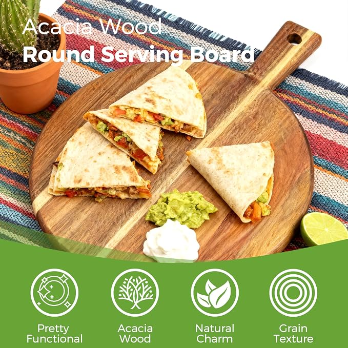S310 Acacia Wood Round Cutting Board with Handle, Wooden Chopping Board for Meat, Cheese, Bread & Vegetables, Decorative Charcuterie Serving Board for Kitchen Cooking, Pizza & Party Dining, 17"x13"
