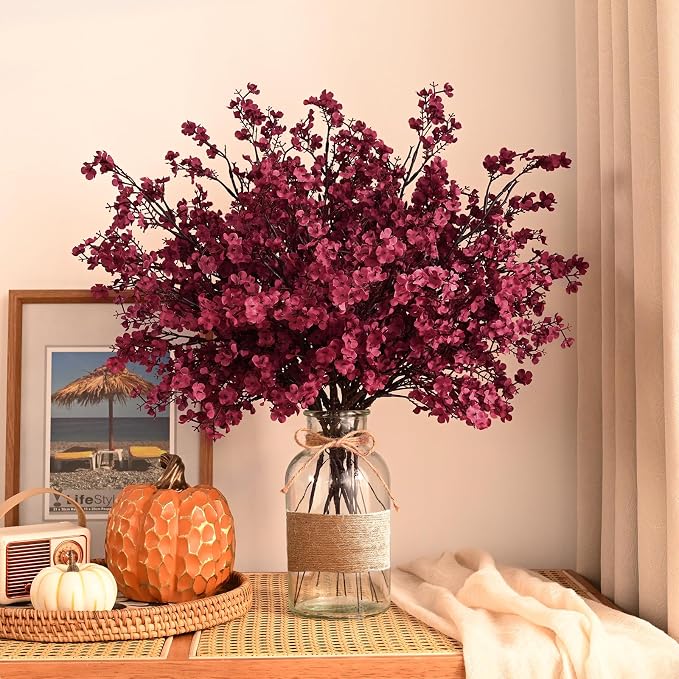 Waipfaru 15Pcs Fake Flowers Babys Breath Silk Artificial Flowers Gypsophila Bouquets Bulk Real Touch Fall Stems for Fall Thanksgiving Autumn DIY Floral Arrangement Table Centerpieces, Wine Red