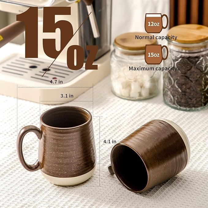 HASENSE Porcelain Coffee Mugs Set of 4-15 Ounce Large Ceramic Coffee Cups Set with Handle for Latte, Tea, Cocoa and Hot Chocolate, Brown Coffee Mugs for Men and Women, Microwave Safe