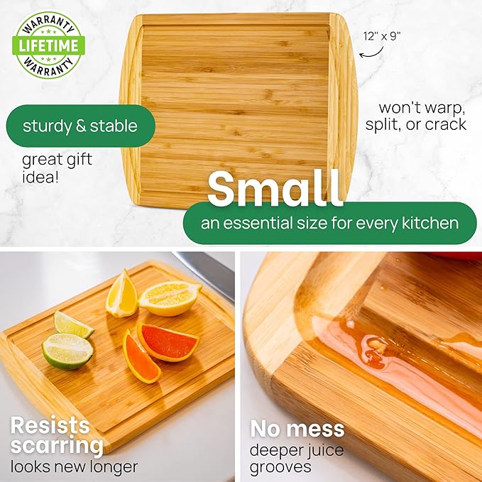 GREENER CHEF 12 Inch Small Bamboo Cutting Board with Lifetime Replacements - Small Wooden Chopping Board for Kitchen, Meat, Vegetables, Cheese, Bread, Charcuterie, and Everyday Food Prep