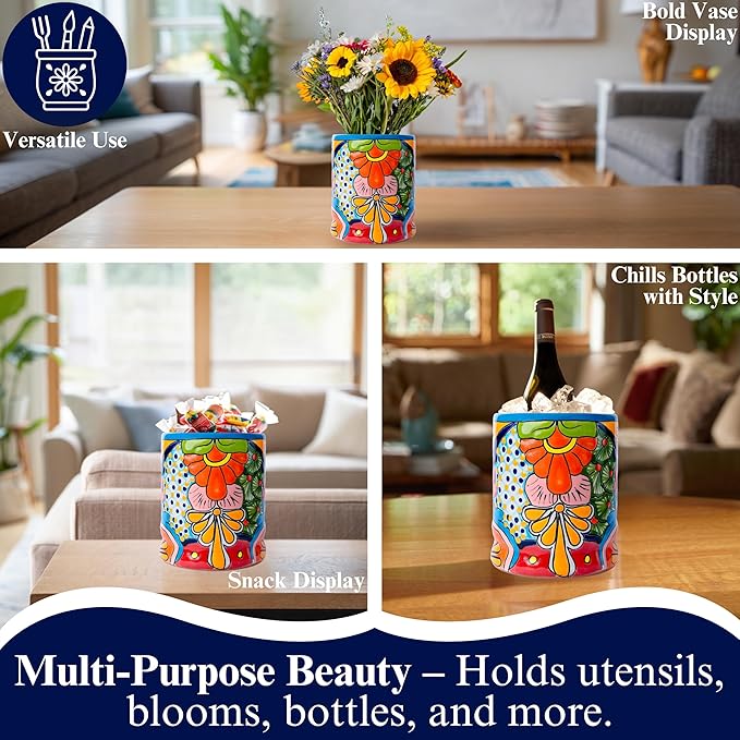 Talavera Utensil Holder - Hand Painted Ceramic Spoon Crock - Colorful Utensil Crock - Large Mexican Spoon Rest 6" H (Turquoise)