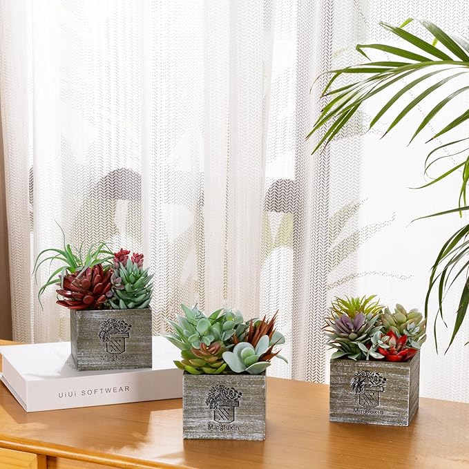 Succulents Plants Artificial with Light, Small Fake Plants in Pots for Home Decor, Potted Decorative Succulents Plants for Table Desk Bathroom Office Room Decor
