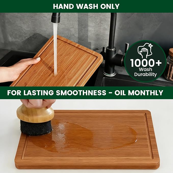Bamboo Cutting Board Set of 3 with Holder for Compact Kitchens & Apartments | Deep juice grooves, non-slip feet and upright storage for faster drying. Great for fruit, vegetables and everyday meal prep.