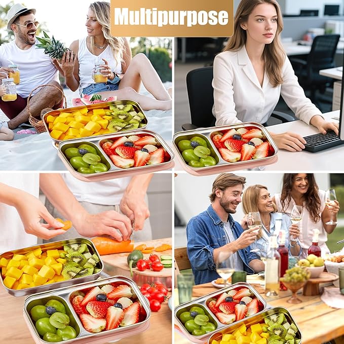 Stainless Steel Snack Containers Individual Household Food Container,Reusable Divided Food Storage Condiment Containers with Lids - Food Lunch Meal Prep Box for Travel Camping (2 Compartment)