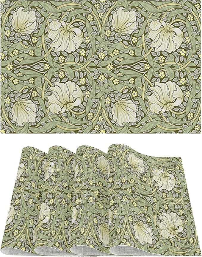 Vintage Floral Placemats Set of 4 William Morris Heat Resistant Table Mats Cottagecore Washable Wipeable Linen Woven Place Mats for Dining Table Mid Century Modern Kitchen Decor 11.8"X17.7"