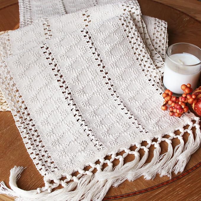 FEXIA Summer Table Runner with Tassels Boho 72 Inches Long Cream Burlap Table Runner for Home Farmhouse Decor Rustic Bohemian Dining Bedroom Decoration Baby Bridal Shower(12x72 Inches)