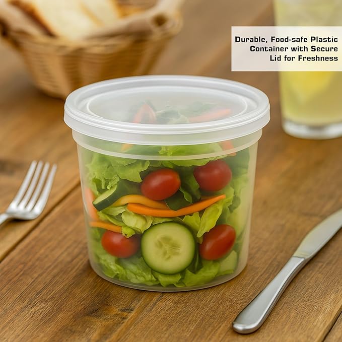 EcoQuality 24oz Clear Round Plastic Container with Lid - Disposable and Reusable Storage Containers for Leftovers, Meal Prep, Takeout, Catering, Picnics and Everyday Use (15)