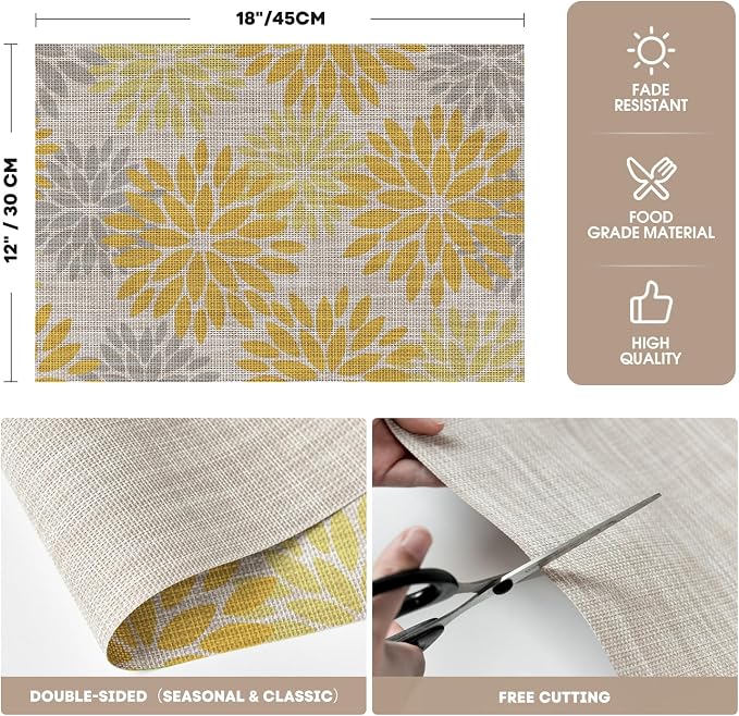 Artoid Mode Floral Plastic Placemats Set of 4, 12x18 Inch Washable Non-Slip Plastic Vinyl Place Mats for Party Kitchen Dining Decor, Yellow