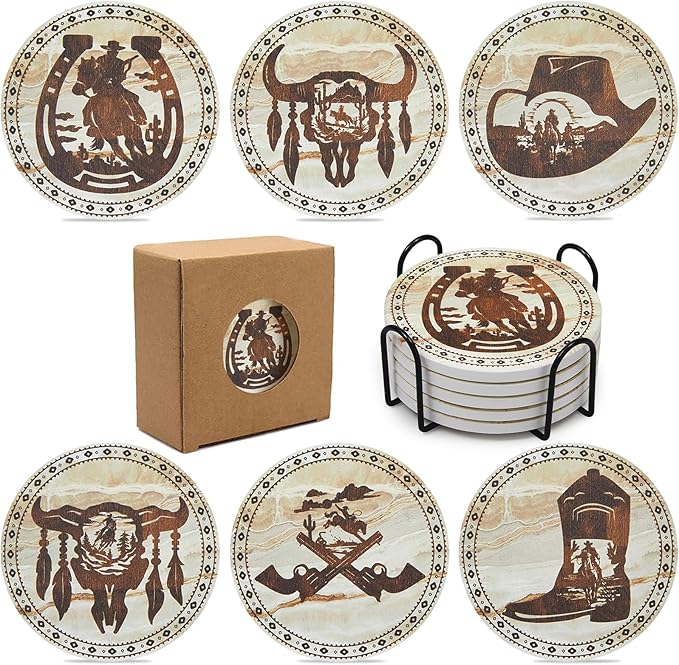 Western Desert Cowboy Coasters for Drinks,Vintage Western Absorbent Coaster for Home Decor,6PCS Stone and Cork Coasters Set with Holder for Coffee Table,Home Living Ideas Gift for Men Women