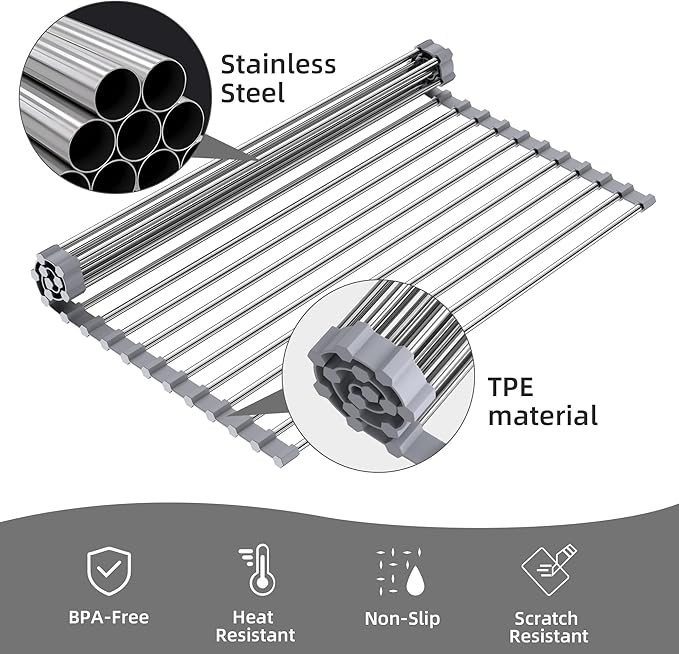 Over Sink Dish Drying Rack, 17" L x 11.8" W, Roll Up Dish Drying Rack for Kitchen, Gray