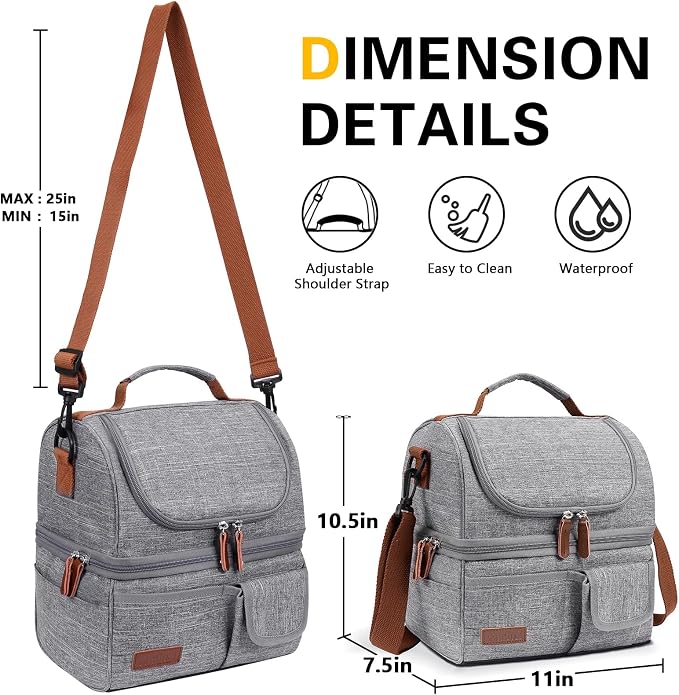 LOKASS Lunch Box for Women-Double Deck Insulated Adults Lunch Bag with Removable Shoulder Strap- Cute Wide Open Lunch Tote for Work/Office/Picnic/Beach/Travel (Gray)