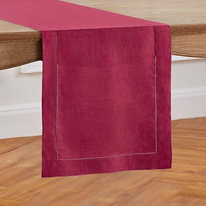Solino Home Linen Beet Table Runner 132 Inches Long - 100% Pure Linen Extra Long Table Runner 14 x 132 Inch - Classic Hemstitch