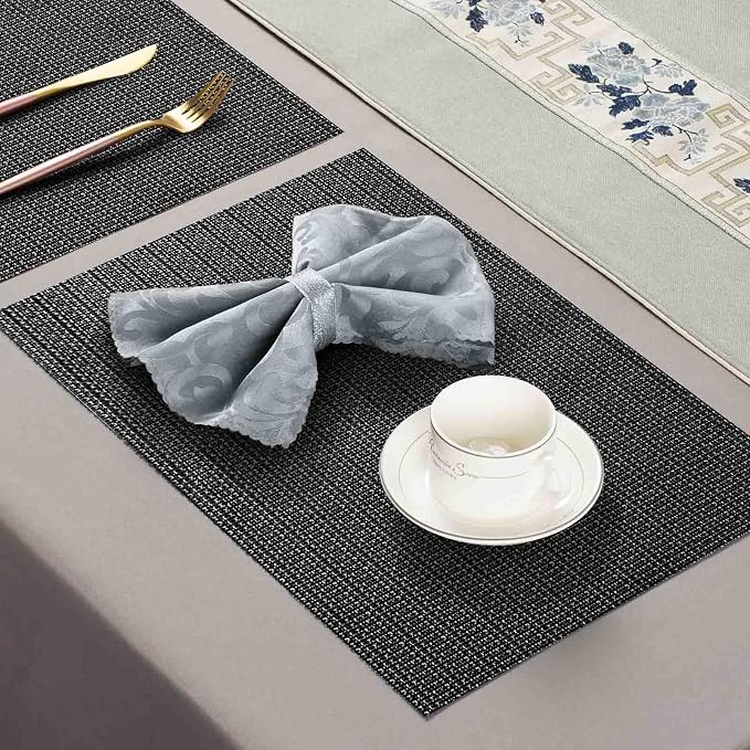 AHHFSMEI Placemats Set of 6 Washable Woven Vinyl Placemats for Dining Table Heat Resistant Non-Slip Stain Resistant Table Mats for Kitchen & Home Decor(Black Silver,6)