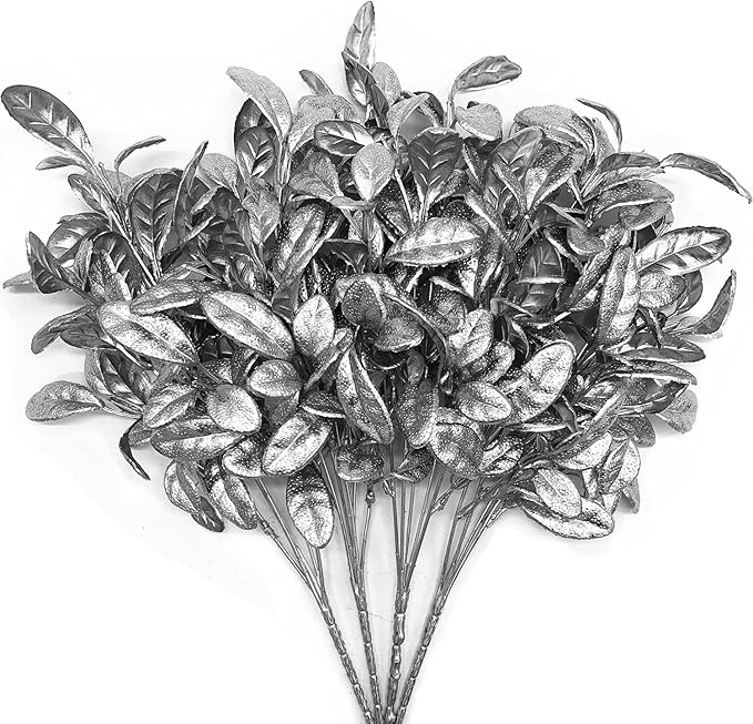 CATTREE Artificial Silver Leaves Christmas Plants 4 Pack, Plastic Leaf Bouquet Faux Gold Plant Fake Shrubs Simulation Bushes for Wedding Hall Table Centerpieces Floral Arrangement Filler DIY Décor