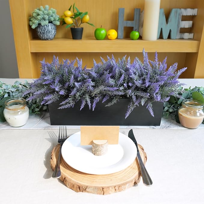 Winlyn 14" Artificial Lavender Arrangement Faux Lavender Flowers in Rustic Black Wooden Planter Box Realistic Lavender Potted Plant for Gift Farmhouse Home Wedding Table Centerpiece Mantel Shelf Décor