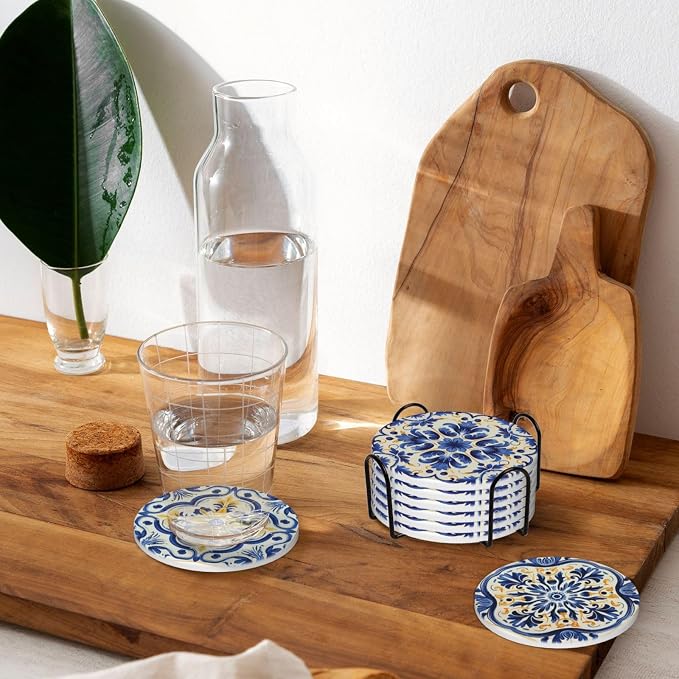 Coaster for Drinks Set of 6, Blue Vintage Spanish Ceramic Floral Absorbent Round Ceramic Stone Mat, with Cork Base and Metal Holder, Gift for Housewarming Room Bar Decor (Azulejo Tile-2)