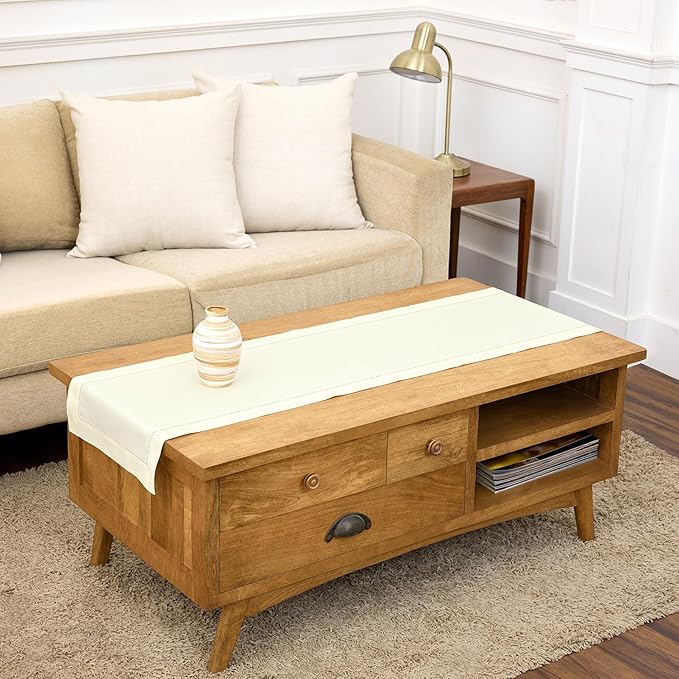 Solino Home Ivory Table Runner 48 Inches - Cotton Linen Hemstitch Coffee Table Runner 14 x 48 Inch Ideal for Dresser Tables - Spring, Summer