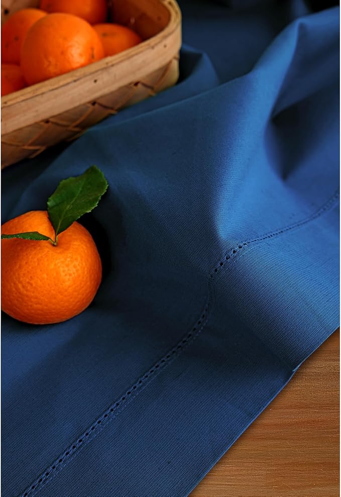 Solino Home Cotton Linen Table Runner 36 Inches - Lapis Blue Hemstitch Table Runner 14 x 36 Inch Ideal for Dresser and Coffee Tables
