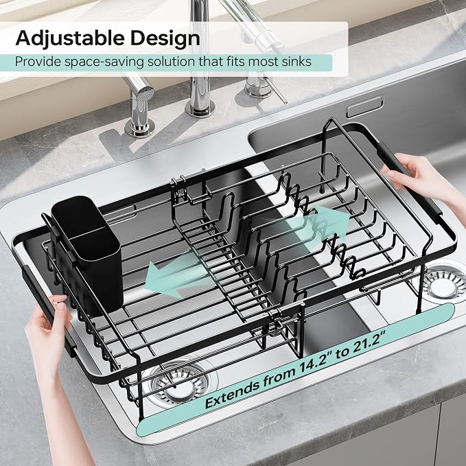 Urackify Dish Drying Rack in Sink - Stainless Steel Expandable (14.5''-18''L) Over The Sink Dish Rack with Utensil Holder, Space-Saving Dish Drainer for Kitchen Counter, 1 Piece, Matte Black