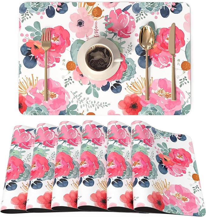 QIYI Placemats Set of 6, 12x18 Inch Faux Leather Place Mats for Kitchen Dinning, Heat Resistant Anti Slip Floral Table Mats, Waterproof Washable Placemat Party Table Décor, Watercolor Pink Flowers