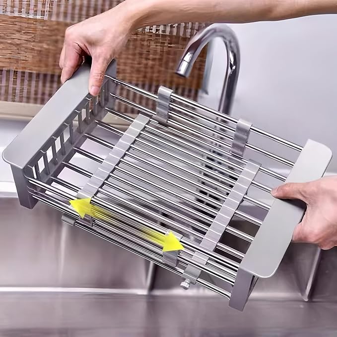 Adjustable Countertop Over Sink Dish Drying Rack, Gray, Small | Stainless Steel, Adjustable Countertop Drainer, For Plates, Bowls, Utensils, Kitchen Organizer